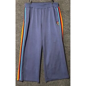 ALDI Gear Women's XL Blue Wide Leg Track Pants Rainbow Stripe Embroidered Logo